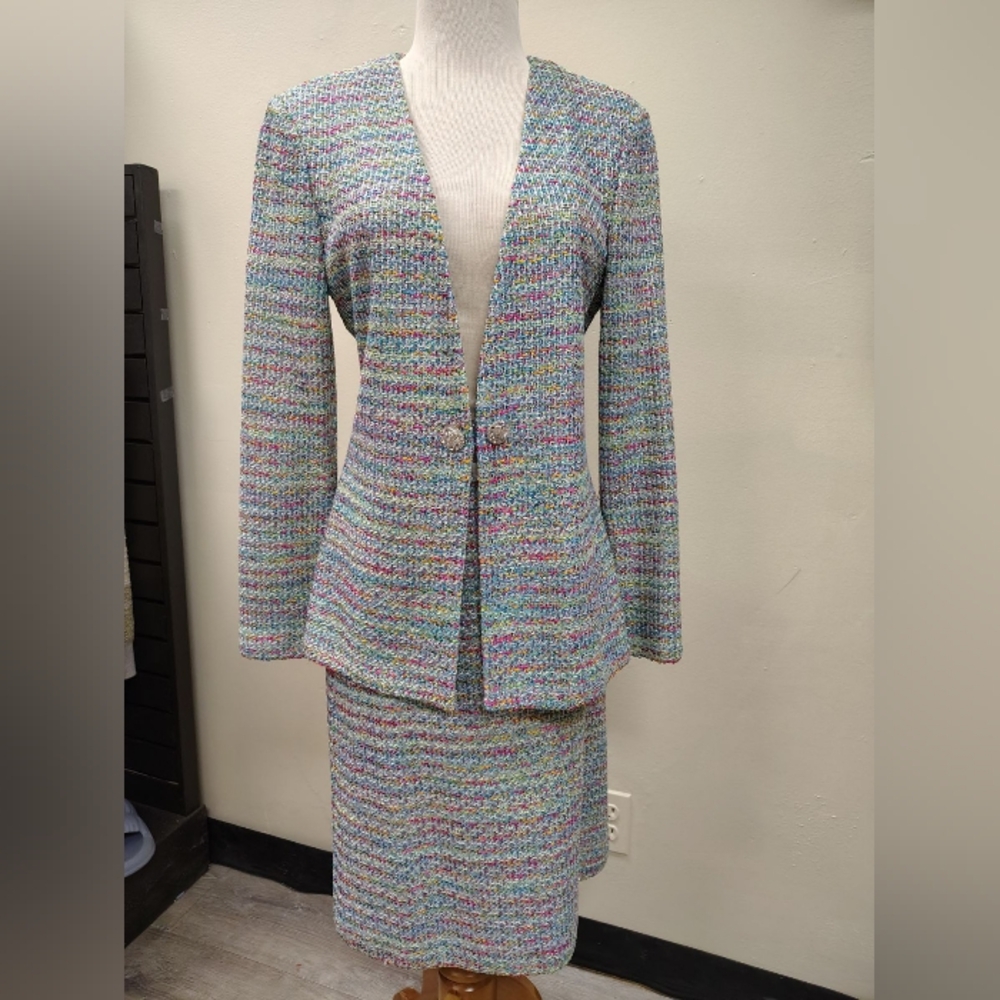 St. John Pastel Multicolor Tweed Blazer & Skirt Set